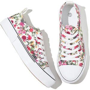 Women's White Floral Print Canvas Tennis Shoes Low Top Casual Sneakers